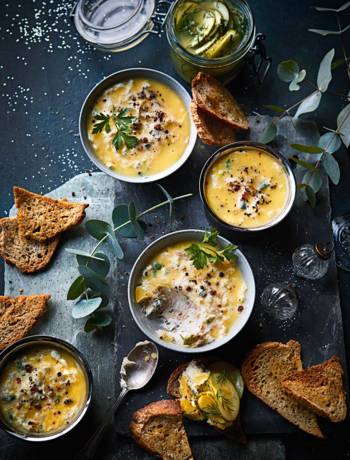 Potted mackerel, pickled cucumber and crispbread