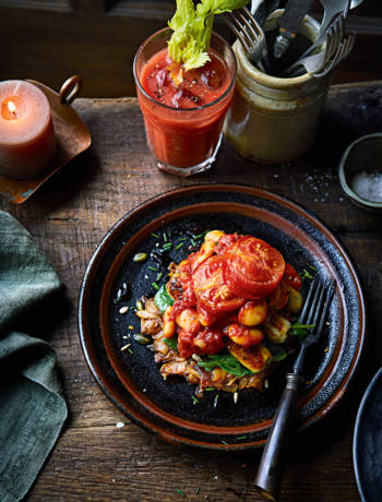Breakfast rosti stacks with sausage and smoky butter beans