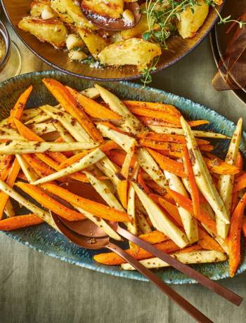 Maple-mustard glazed carrots and parsnips