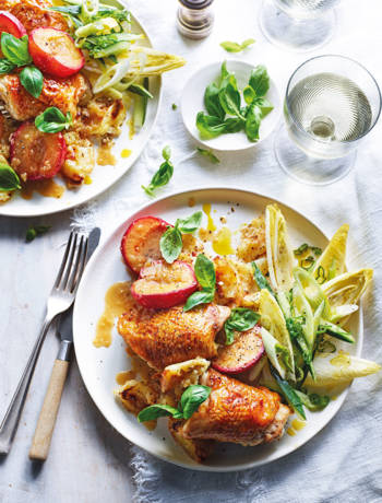 Roast chicken, potatoes and plums with marsala sauce