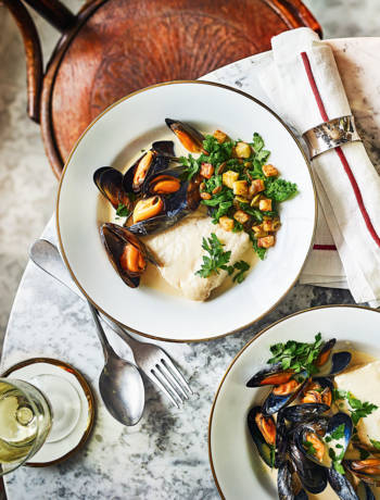 Cider-poached cod with spiced mussels