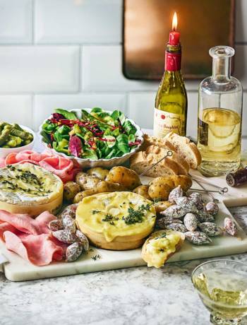 Baked camembert, charcuterie and potatoes