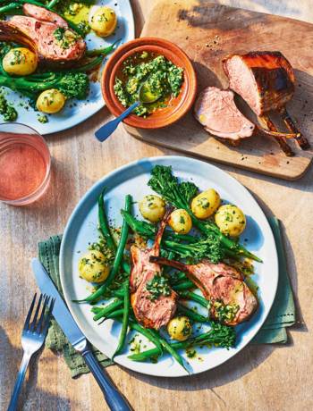 Rack of lamb with anchovy salsa and spring vegetables