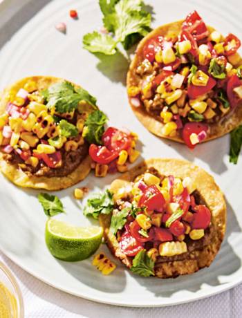 Charred corn and tomato tostadas with smoked mussel purée