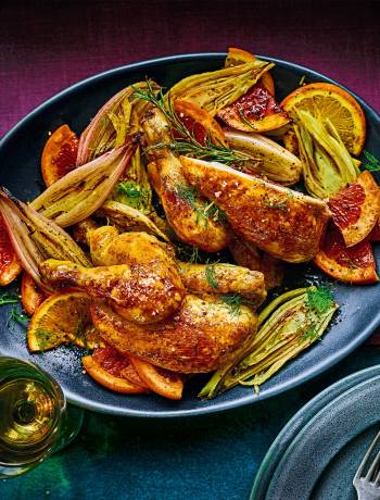 Winter citrus-brined roast poussin and fennel