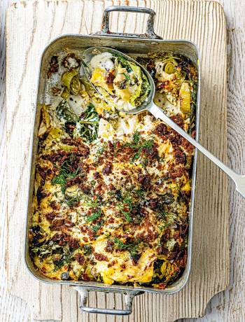 Smoked fish gratin with rye crumbs