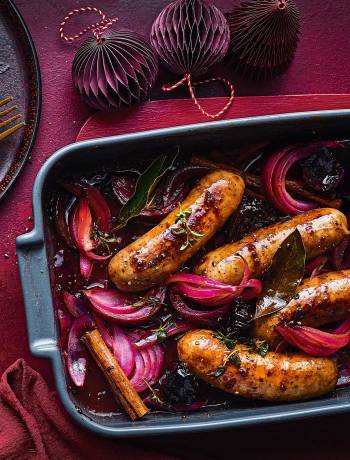 Sausage, cinnamon and prune traybake