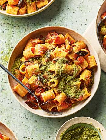 Pasta alla Norma with pesto crumbs