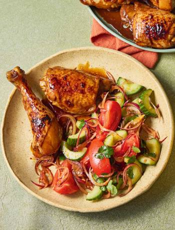 Twice-cooked chicken adobo with tomato salad