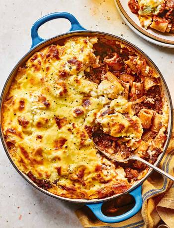 Lamb, feta and aubergine rigatoni bake