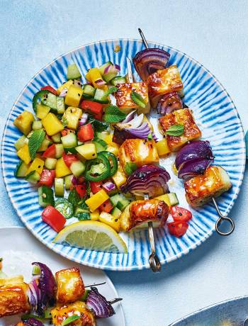 Sticky halloumi skewers with mango kachumber salad