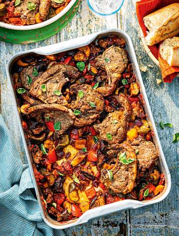 Lamb and ratatouille traybake