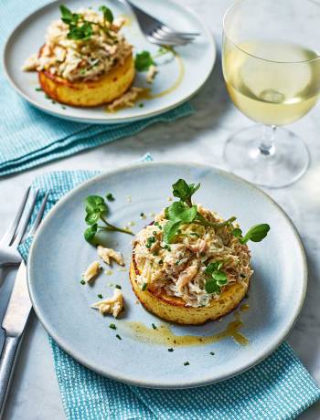 Crab crumpets with brown butter and watercress