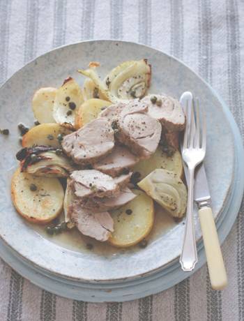  Roast pork with potatoes, lemon, fennel & capers 