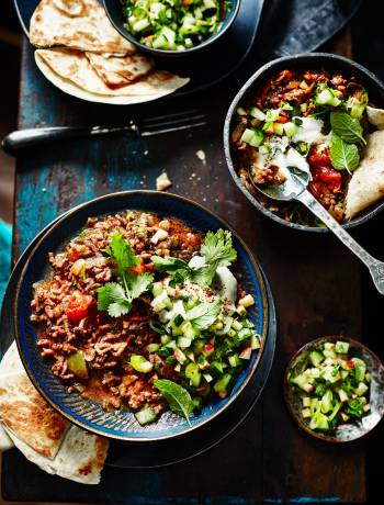 Quick-cook ancho con-carne with cucumber salsa