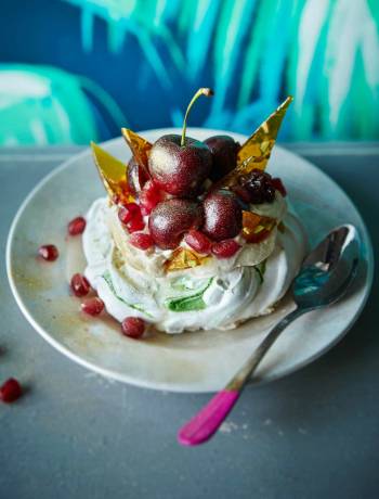 Pistachio pavlovas with boozy cherries