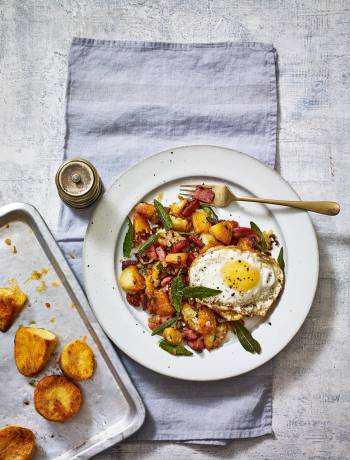 Roast potato and ham hash with sage-fried eggs