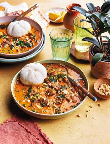 Groundnut beef stew with ground rice balls 