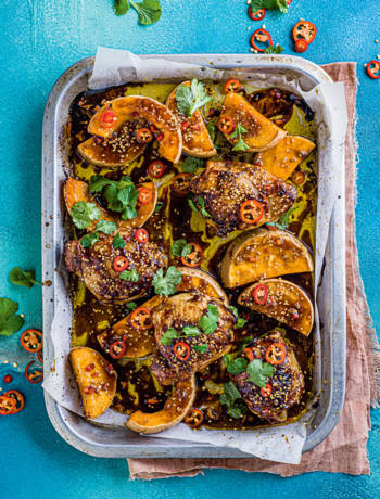 Honey-miso chicken squash traybake