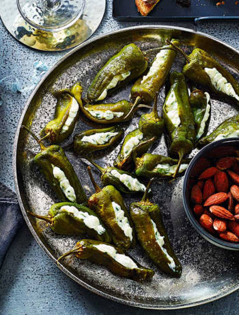 Creamy chive and onion-filled Padrón peppers