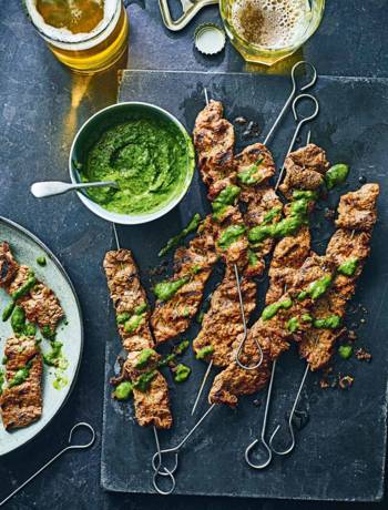 Super-quick-cook steak skewers with chimichurri