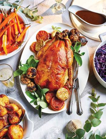 Maple-glazed duck with porcini and port