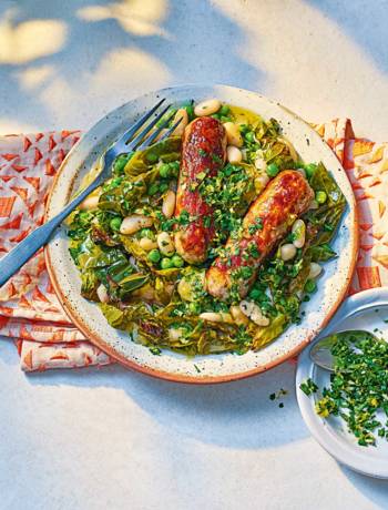 Speedy spring greens and sausage cassoulet