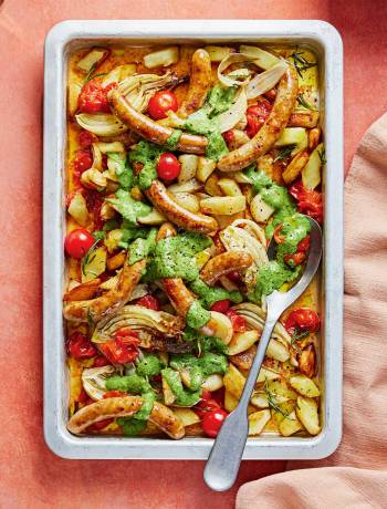 Sausage traybake with rocket pesto