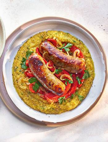 Sicilian-style sausages and peppers with herby polenta