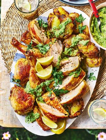 Spatchcock chicken with green romesco and chicken-fat potatoes