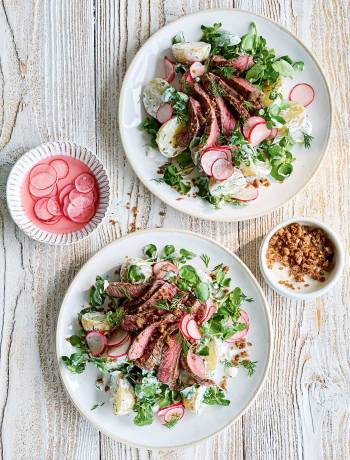 Steak and creamy potato salad with rye crumbs
