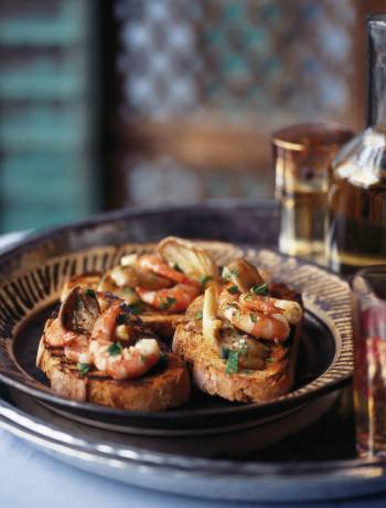 Oyster mushrooms and prawns on toast with fino sherry