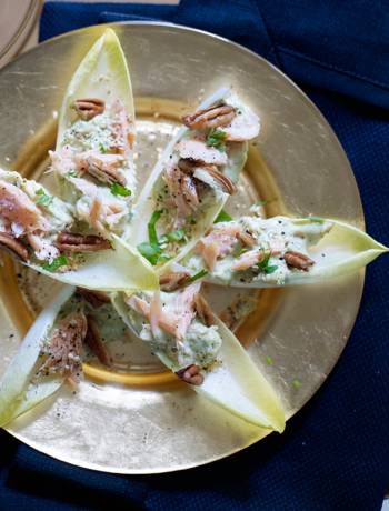 Chicory with hot-smoked fish and avocado with wasabi mayonnaise