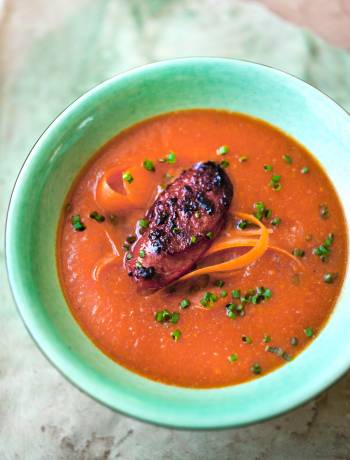 Spring carrot and chorizo soup