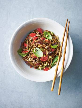 Basil, tomato and aubergine soba noodles 