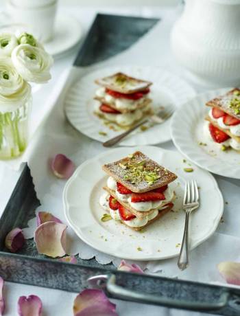 Rose and pistachio strawberry millefeuille