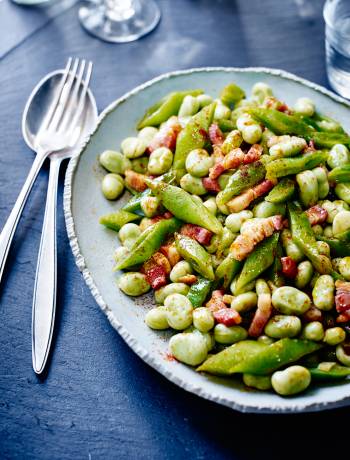 Smoky broad beans and runner beans with bacon