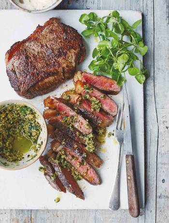 Steak with green olive tapenade and garlic mayo