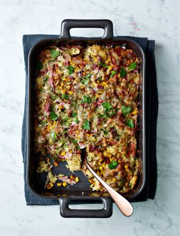 Ham, sweetcorn and cheese bread pudding