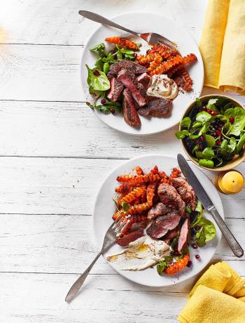 Spiced lamb steaks with squash chips  