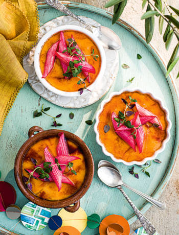 Crema Catalana with roasted rhubarb and thyme