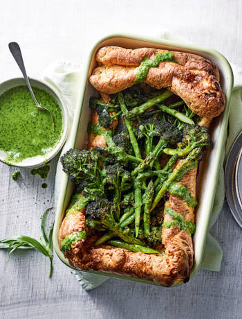 Roasted broccoli and asparagus Yorkshire pudding