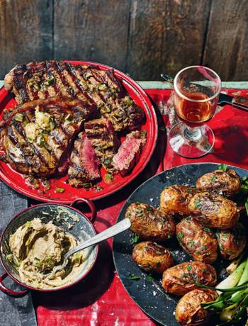 Steak with roasted garlic and burnt spring onion butter