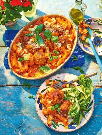 Lamb meatball, red pepper and feta rigatoni bake