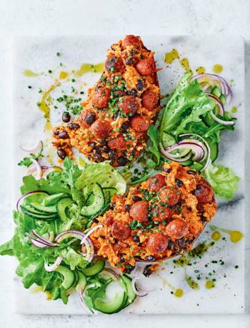 ‘Chorizo’ and black bean loaded sweet potato boats