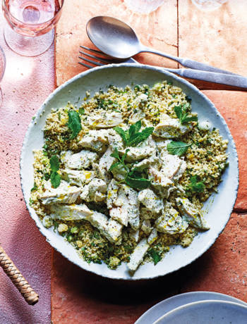 Green couscous with torn tahini chicken 