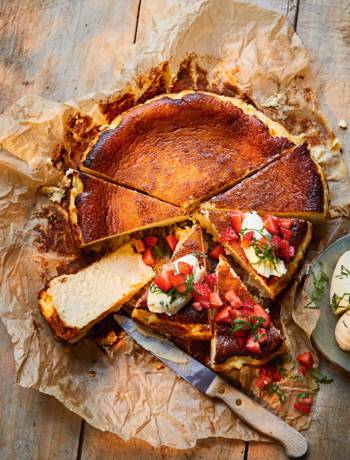 Burnt Basque cheesecake with strawberries and basil cream