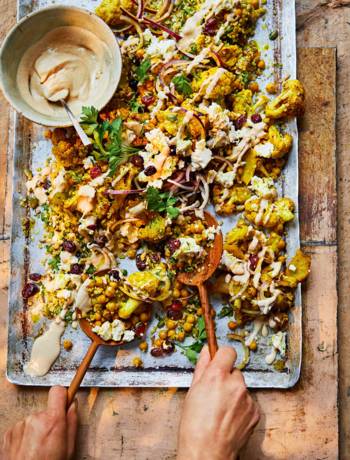 Spiced and roasted cauliflower with herby bulgur wheat and tahini