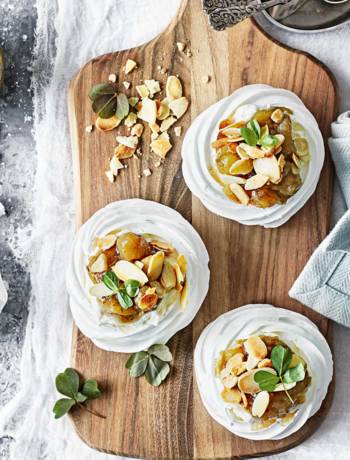 Mini pavlovas with gooseberry compote