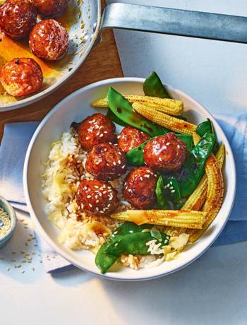 Sticky soy-glazed meatballs with ginger rice